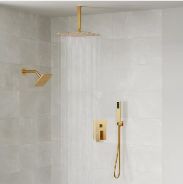3-Spray Patterns Square Fixed Shower Head 10 and 6 in. with 2.5 GPM Wall Mount Dual Shower Heads in Brushed Gold