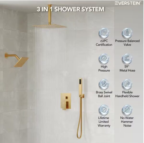 3-Spray Patterns Square Fixed Shower Head 10 and 6 in. with 2.5 GPM Wall Mount Dual Shower Heads in Brushed Gold